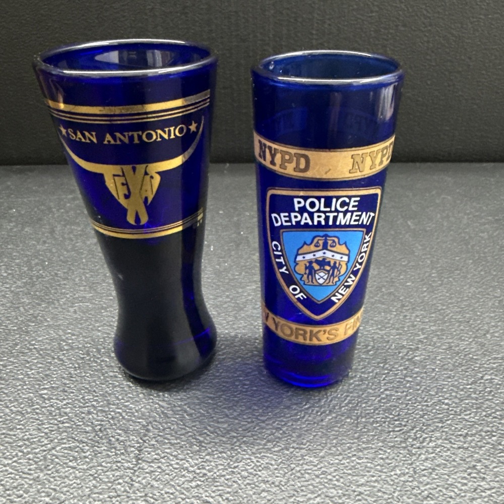 2 NEW YORK CITY POLICE DEPARTMENT AND SAN ANTONIO BLUE GLASS SHOT GLASSES
